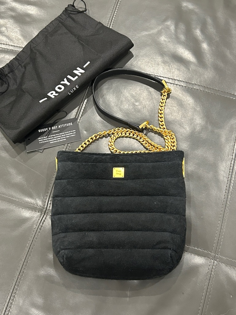 THINK ROYLN Black Quilted Suede Shoulder Bag with Gold Chain